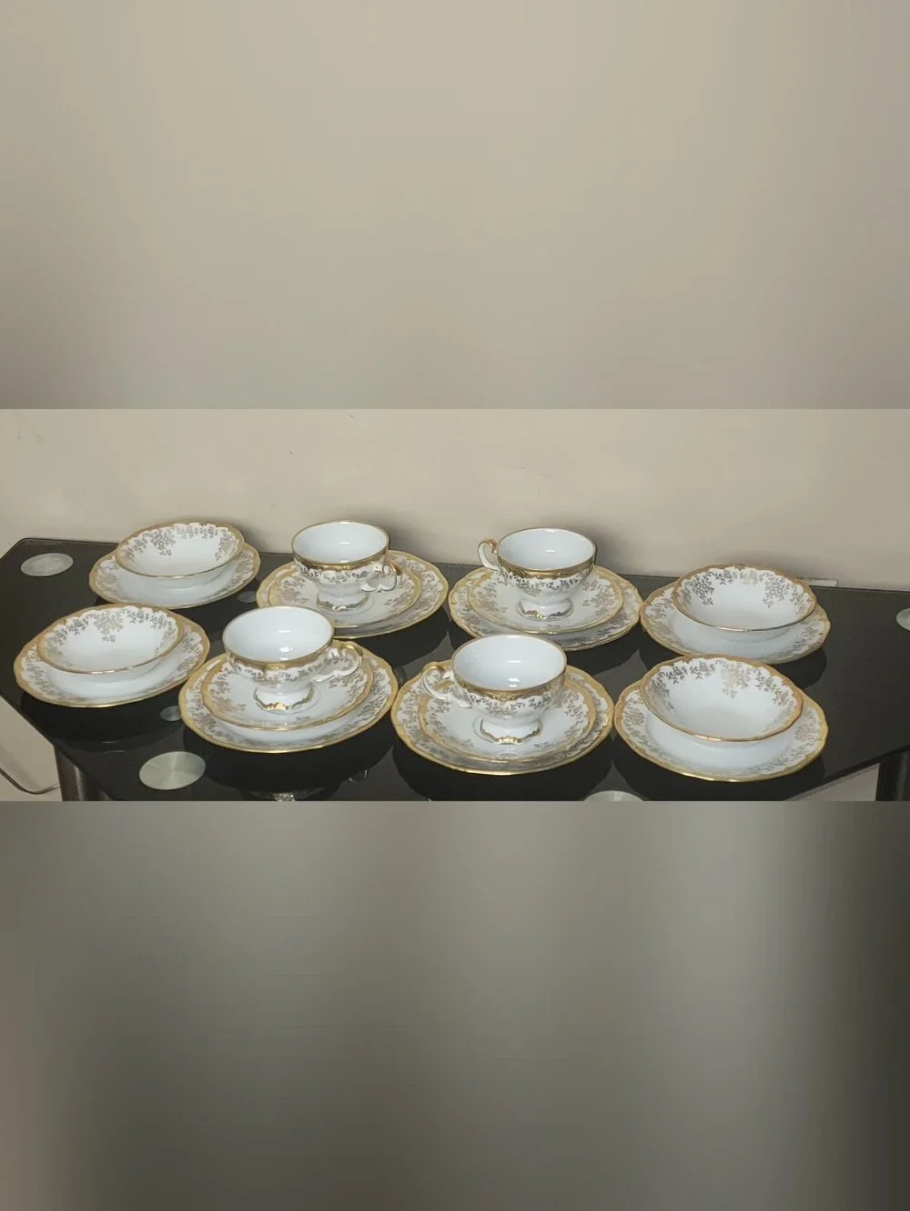 VINTAGE WEIMAR White and Gold Porcelain Teacup and Saucer Set 20 PIECES
